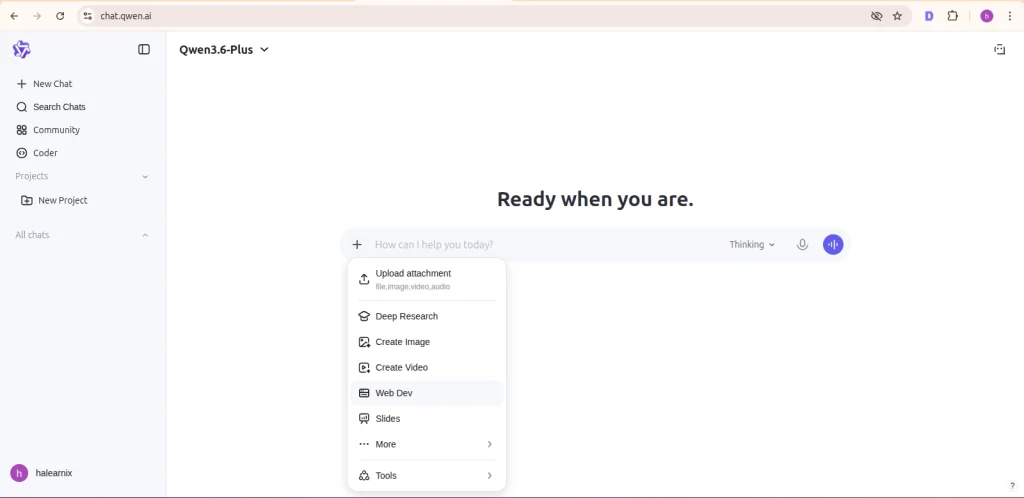 Selecting the Web Dev tool from the attachment menu in Qwen 3.6 chat interface to start building a website.