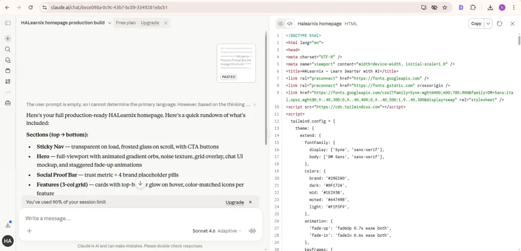 screenshot showing Claude AI interface with vibe coding prompt being entered and website code output generated