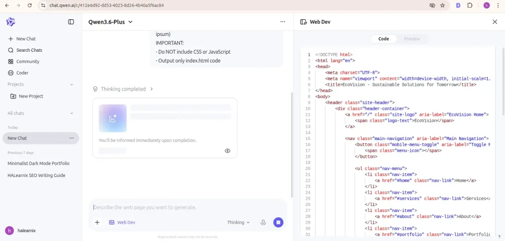 Qwen 3.6 Plus interface generating structured HTML code in the dedicated Web Dev panel after receiving a developer prompt.