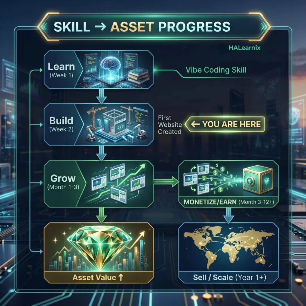 HALearnix skill to asset progress diagram showing how vibe coding skill becomes a valuable digital asset over time