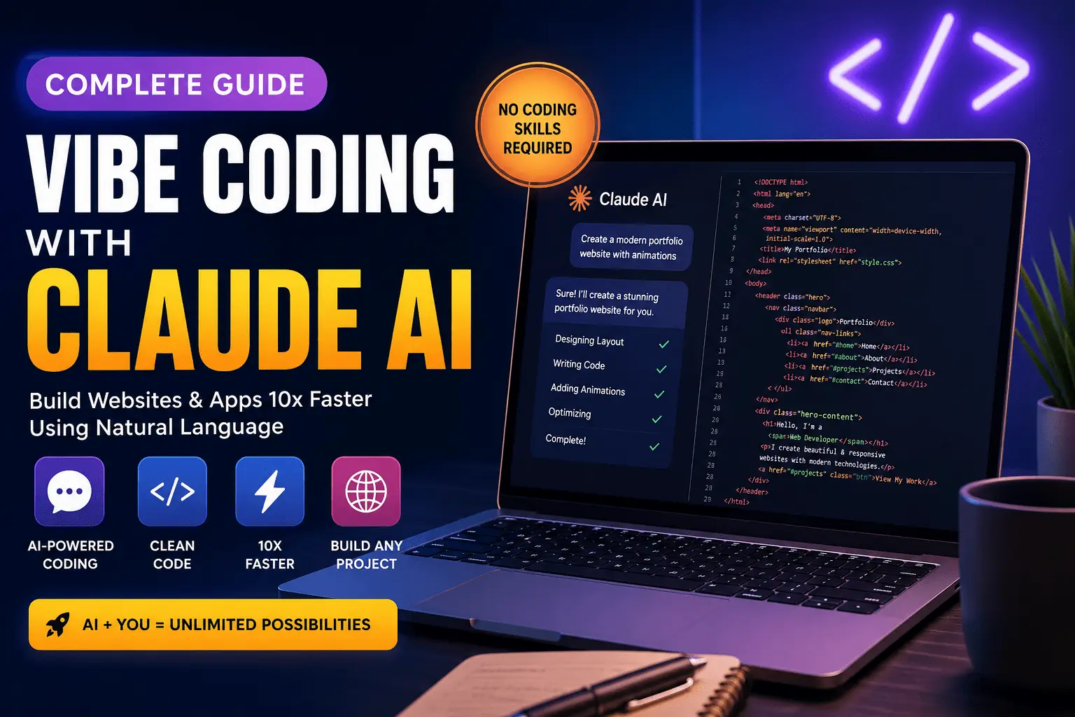 Vibe coding with Claude AI featured image showing AI-powered website development using natural language prompts and no-code web building workflow